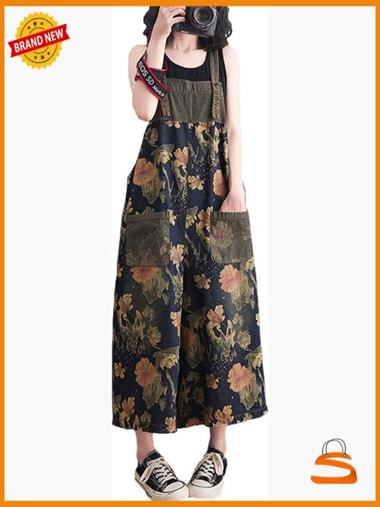 Denim - Womens Overalls Jumpsuits Floral Print Denim Baggy Wide Leg Pockets Low Crotch